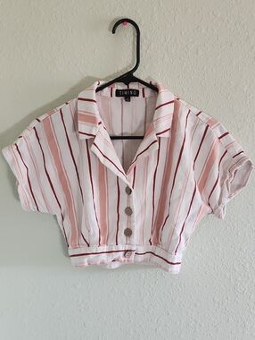 Womens TIMING Pink & Red Striped Cropped Button-Up Top